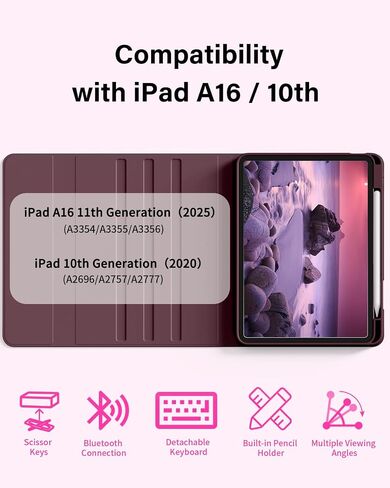 aoub for iPad (A16) 11th/10th Generation Case with Keyboard 2025/2022 - Detachable Wireless Keyboard, Folio Cover with Pencil Holder for iPad 11 inch / 10.9 inch, Wine in Kuwait