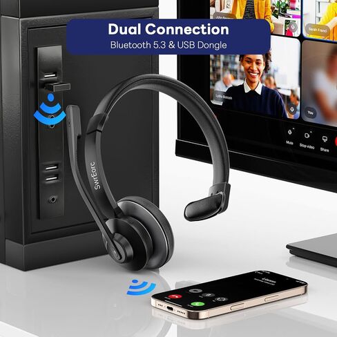 Bluetooth Headset, Wireless Headset with Mic for Work, Advanced AI Noise Cancelling Microphone (Clear Calls & Mic Mute), Bluetooth 5.3, USB Dongle, Headphones with Mic, for PC/Zoom/Office in Kuwait