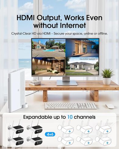 Camcamp Solar Security Cameras Wireless Outdoor, Quick Installation, No Subscription Cameras for Home Security Camera System, 10CH Expandable, 2.4 & 5GHz, 4 Cameras with Monitor in Saudi Arabia