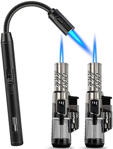 2 Pack Torch Lighters and 1 Pack Butane Lighter Long Stem, Adjustable Single Flame and Visible Fuel Tank in Kuwait