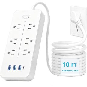 واقي التيار الكهربائي المسطح بطول 10 أقدام، موسع متعدد المنافذ مع 6 مقابس و4 منافذ USB بما في ذلك USB-C، شريط طاقة آمن مثبت على الحائط للشقة والسكن الجامعي ومساحة العمل in Kuwait