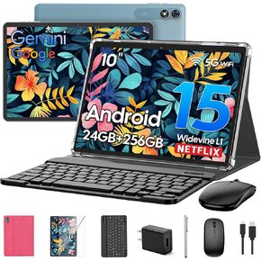 جهاز لوحي Android مع لوحة مفاتيح، 2026 جهاز لوحي Android 16 مطور مع 24 جيجابايت + 256 جيجابايت + 2 تيرابايت، كمبيوتر لوحي 10 بوصة مع 8 النواة، Gemini AI، WiFi، 8000 مللي أمبير، نظام تحديد المواقع، جهاز لوحي 2 في 1 مع حافظة/ماوس/قلم (حافظة خضراء) in Kuwait