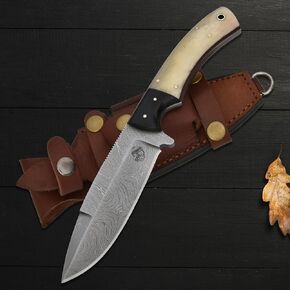Knives Ranch Handmade Damascus Camping & Survival Knife - Full Tang Bone & Micarta Handle - Heavy Duty Bushcraft Tool with Genuine Leather Sheath (2073-B) in Saudi Arabia