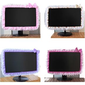 Monitor Cover 4 pcs Lace Fabric Computer Frame Cover Monitor Screen Dust With Elastic Pen Pocket Bow Home Decorations For Pc, Tablet, Tv, Lcd(VIOLET) in Saudi Arabia