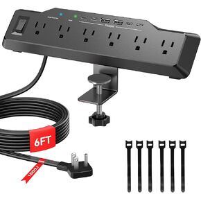 Desk Clamp Power Strip Surge Protector with 1800J, 6 Ft Mount Power Strip 6 Outlets and 6 USB (Any C Port 35W) for Laptop, Home Office Dorm, Fits 1.96" Table Edge in Kuwait