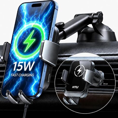 HTU 2026 Upgraded Wireless Car Charger Mount, 【Strongest Suction & Military-Grade Certs】 15W Fast Charging Auto-Clamping Phone Holder for Dash Windshield Air Vent, Fit for iPhone & Android, Jet Black in Kuwait
