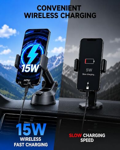 HTU 2026 Upgraded Wireless Car Charger Mount, 【Strongest Suction & Military-Grade Certs】 15W Fast Charging Auto-Clamping Phone Holder for Dash Windshield Air Vent, Fit for iPhone & Android, Jet Black in Kuwait