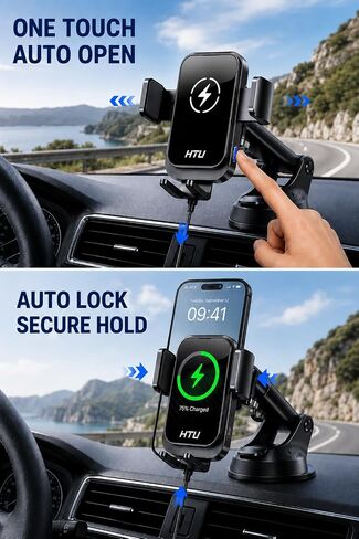 HTU 2026 Upgraded Wireless Car Charger Mount, 【Strongest Suction & Military-Grade Certs】 15W Fast Charging Auto-Clamping Phone Holder for Dash Windshield Air Vent, Fit for iPhone & Android, Jet Black in Kuwait