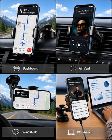 HTU 2026 Upgraded Wireless Car Charger Mount, 【Strongest Suction & Military-Grade Certs】 15W Fast Charging Auto-Clamping Phone Holder for Dash Windshield Air Vent, Fit for iPhone & Android, Jet Black in Kuwait