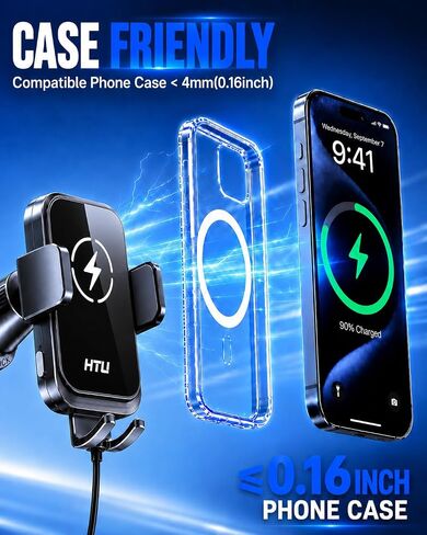 HTU 2026 Upgraded Wireless Car Charger Mount, 【Strongest Suction & Military-Grade Certs】 15W Fast Charging Auto-Clamping Phone Holder for Dash Windshield Air Vent, Fit for iPhone & Android, Jet Black in Kuwait