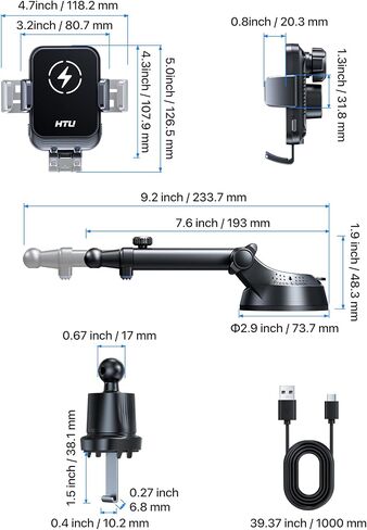 HTU 2026 Upgraded Wireless Car Charger Mount, 【Strongest Suction & Military-Grade Certs】 15W Fast Charging Auto-Clamping Phone Holder for Dash Windshield Air Vent, Fit for iPhone & Android, Jet Black in Kuwait