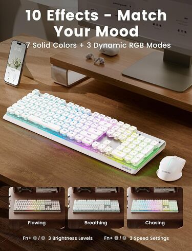 Wireless Keyboard and Mouse Combo, RGB Backlit, 10 Effects, Pudding Keycaps in Kuwait