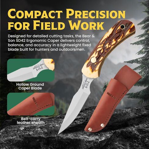 Bear & Son 6.5" Stag Delrin Ergonomic Caper Fixed Blade Knife, Made in USA in Saudi Arabia