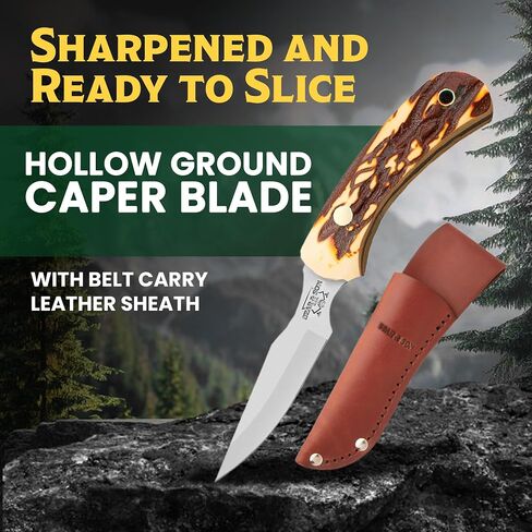 Bear & Son 6.5" Stag Delrin Ergonomic Caper Fixed Blade Knife, Made in USA in Saudi Arabia