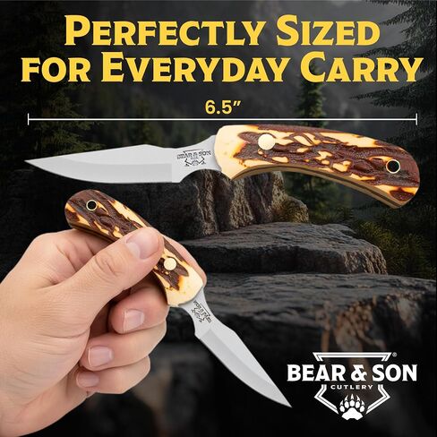Bear & Son 6.5" Stag Delrin Ergonomic Caper Fixed Blade Knife, Made in USA in Saudi Arabia