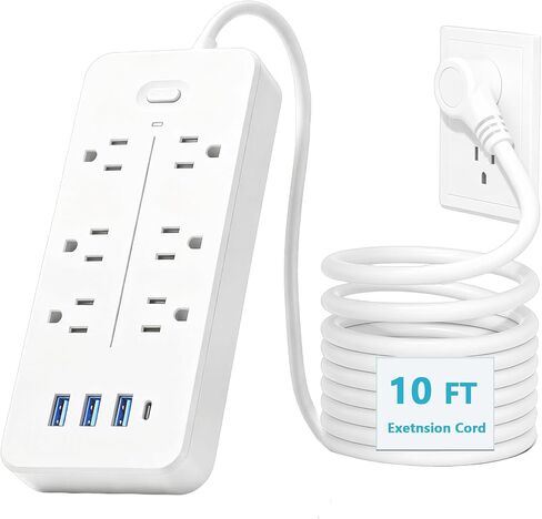 واقي التيار الكهربائي المسطح بطول 10 أقدام، موسع متعدد المنافذ مع 6 مقابس و4 منافذ USB بما في ذلك USB-C، شريط طاقة آمن مثبت على الحائط للشقة والسكن الجامعي ومساحة العمل in Kuwait
