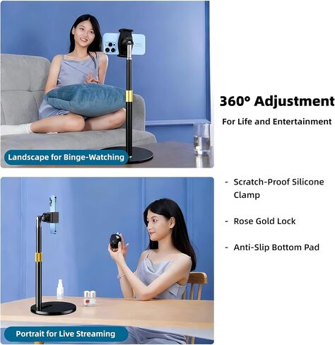 Phone Stand for Desk, Adjustable Height 9.8"-20", Full Metal Weighted Base, Small Tripod for iPhone Android with Case, Compatible with 4-7" Phones for Recording Video Call, Desk Phone Holder in Saudi Arabia