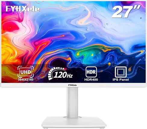FYHXele 27 inch 4K Gaming Monitor, UHD 3840x2160 Fast IPS Panel Computer PC Monitor, 120Hz, 100% sRGB, FreeSync & G-Sync, HDR 400 Support, HDMI 2.1 & DP 1.4, VESA Mountable-White in Saudi Arabia