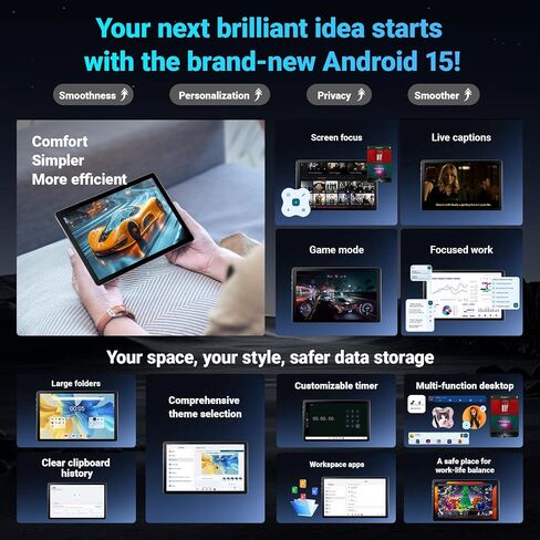 جهاز لوحي Evermyth Android 15 مقاس 10 بوصة، وذاكرة وصول عشوائي 16 جيجابايت وذاكرة تخزين داخلية 32 جيجابايت وذاكرة تخزين داخلية 1 تيرابايت قابلة للتوسيع، وواي فاي سريع 6 وBT 5.4 أجهزة لوحية 5 النواة، وشاشة لمس HD IPS، وبطارية 8H+، وكاميرا مزدوجة محمولة للب in Kuwait