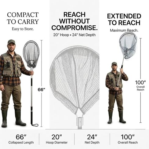 Fishing Landing Net, 100-Inch Telescoping Handle, 20-Inch Rubber Mesh Hoop in Saudi Arabia