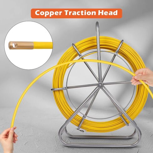 425FT Fish Tape Fiberglass 1/4 inch(6MM) Fishing Wire Puller Duct Rodder Cable Running Electrical Fishtape Tool Rod with Steel Reel Stand through Wall Pipe Length Marking In Meter in Kuwait