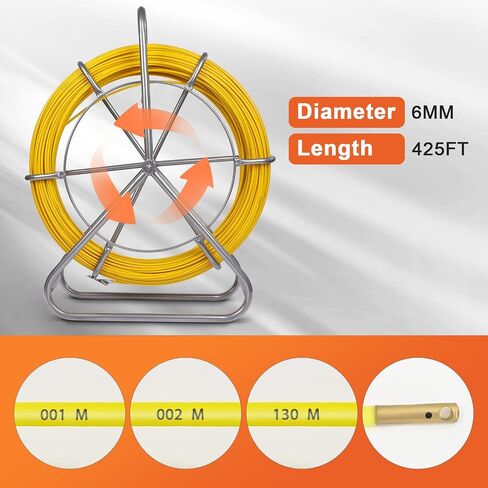 425FT Fish Tape Fiberglass 1/4 inch(6MM) Fishing Wire Puller Duct Rodder Cable Running Electrical Fishtape Tool Rod with Steel Reel Stand through Wall Pipe Length Marking In Meter in Kuwait