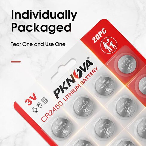 PKNOVA CR2450 Battery 20 Pack, CR 2450 Lithium Batteries, 3V Coin Button Cell Battery Long Lasting, High Capacity for Car Key Fob, Garage Door Opener, Flameless Candles, Smart Sensors, Remote Control in Saudi Arabia