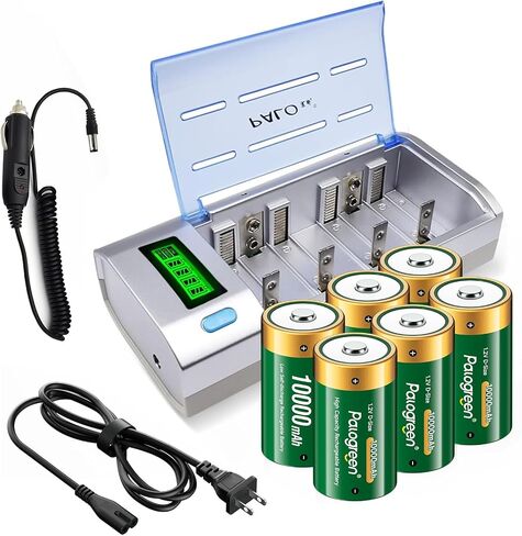 D Cells 10000mAh Rechargeable Batteries 6 Counts and Universal Battery Charger Compatible with C D 9V AA AAA Ni-MH Ni-CD Batteries with Discharge Function & Car Charger Cable in Saudi Arabia