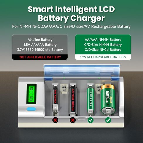 D Cells 10000mAh Rechargeable Batteries 6 Counts and Universal Battery Charger Compatible with C D 9V AA AAA Ni-MH Ni-CD Batteries with Discharge Function & Car Charger Cable in Saudi Arabia