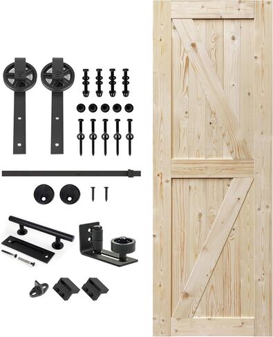 S&Z TOPHAND® 42in x 84in Unfinished British Brace Knotty Barn Door with Big Wheel Sliding Hardware Kit/Solid Wood/Sliding Door/Double Surfaces/A Simple Assembly is Required in Kuwait