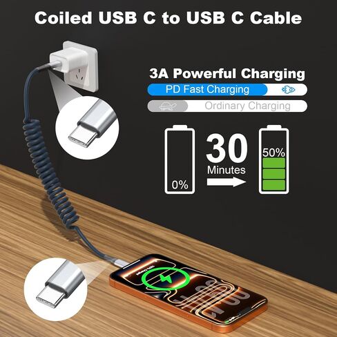 Quickeep USB C Cable 3FT 2Pack Coiled USB C to USB C Charger Cable for Car in Kuwait