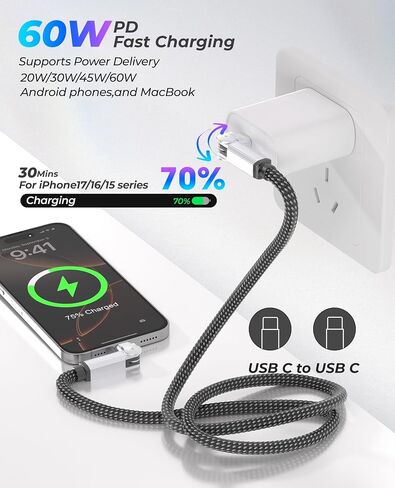 90 Degree USB C Cable Swivel Cord with 180° Rotating Head - 6.6FT Nylon Braided USB C to USB C Charger Cord with 60W Fast Charging, Data Sync, Apple Carplay for iPhone 17/16/15, iPad, Galaxy, Mac in Saudi Arabia