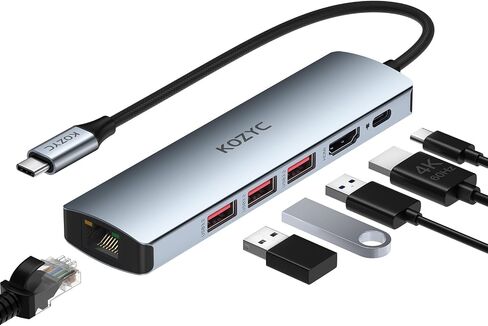 USB C Hub Ethernet Multiport Adapter, KOZYC 6 in 1 USB C to HDMI Dock with HDMI 4K 60Hz, 1Gbps RJ45 Ethernet, 3 USB 3.2 Data Ports, 100W PD Compatible with MacBook Air/Pro, XPS13/15, Dell in Saudi Arabia