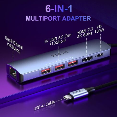 USB C Hub Ethernet Multiport Adapter, KOZYC 6 in 1 USB C to HDMI Dock with HDMI 4K 60Hz, 1Gbps RJ45 Ethernet, 3 USB 3.2 Data Ports, 100W PD Compatible with MacBook Air/Pro, XPS13/15, Dell in Saudi Arabia