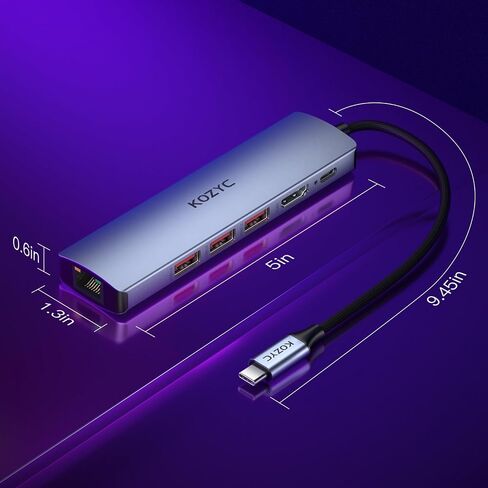 USB C Hub Ethernet Multiport Adapter, KOZYC 6 in 1 USB C to HDMI Dock with HDMI 4K 60Hz, 1Gbps RJ45 Ethernet, 3 USB 3.2 Data Ports, 100W PD Compatible with MacBook Air/Pro, XPS13/15, Dell in Saudi Arabia