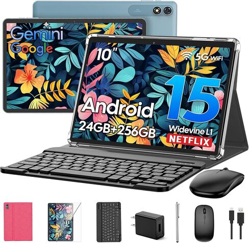 جهاز لوحي Android مع لوحة مفاتيح، 2026 جهاز لوحي Android 16 مطور مع 24 جيجابايت + 256 جيجابايت + 2 تيرابايت، كمبيوتر لوحي 10 بوصة مع 8 النواة، Gemini AI، WiFi، 8000 مللي أمبير، نظام تحديد المواقع، جهاز لوحي 2 في 1 مع حافظة/ماوس/قلم (حافظة خضراء) in Kuwait