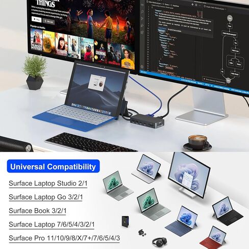 New Surface Dock Triple Displays 4K@60HZ HDMI+VGA, 11 in 1 Surface Docking Station for Surface Pro 11/10/9/8/X/7/6/5/4/3,Surface Laptop 7/6/5/4/3/2/1,Surface Book Go in Kuwait