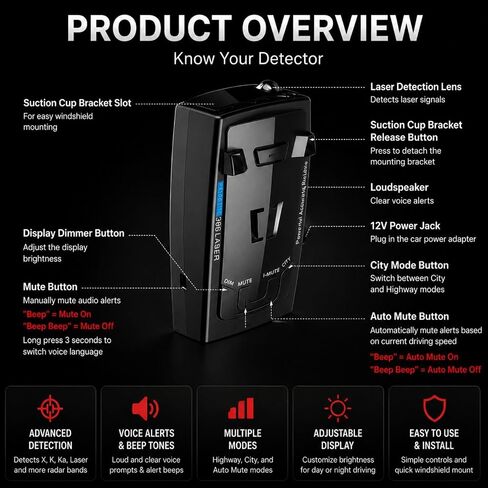 Radar with Detection Up to 1200 Yards Long Range Detection, X/K/Ka/KU/ST/Band & Laser Detectors for Cars with Voice Alert, Intelligent False Alert Filter, Includes Suction Cup Mount in Kuwait