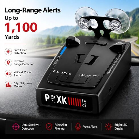 Radar with Detection Up to 1200 Yards Long Range Detection, X/K/Ka/KU/ST/Band & Laser Detectors for Cars with Voice Alert, Intelligent False Alert Filter, Includes Suction Cup Mount in Kuwait