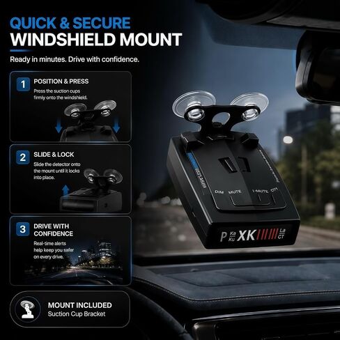 Radar with Detection Up to 1200 Yards Long Range Detection, X/K/Ka/KU/ST/Band & Laser Detectors for Cars with Voice Alert, Intelligent False Alert Filter, Includes Suction Cup Mount in Kuwait