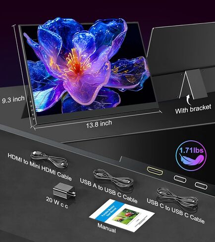 4K Portable Monitor 15.6" UHD 3840x2400 16:10 IPS 450 Nits 139% sRGB HDR with 2 USB-C & Mini HDMI Ports, Built-in Stand Speakers,Aluminum Body, VESA Travel Monitor for Laptop Mac PC PS5 Xbox in Kuwait