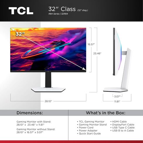 TCL 32" R84 Series 4K UHD HDR QD-Mini LED Gaming Monitor (32R84, 2025 Model) Halo Control System, 165Hz Refresh Rate, LD1400 Precise Dimming, HDR1400 Brightness, 1ms, AMD FreeSync, NVIDIA G-SYNC in Kuwait