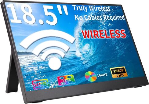 QQU 18.5" Wireless Portable Monitor for Laptop, 1200P FHD, External Display Support AirPlay Miracast, Built-in Speakers, Wireless Monitor Mirroring with Stand, 2nd Screen for Laptop MacBook PC Table in Kuwait