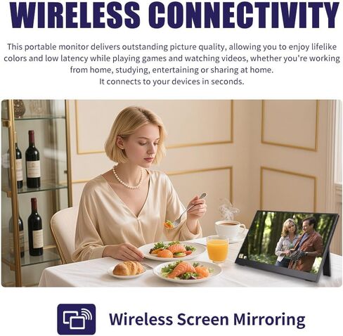 QQU 18.5" Wireless Portable Monitor for Laptop, 1200P FHD, External Display Support AirPlay Miracast, Built-in Speakers, Wireless Monitor Mirroring with Stand, 2nd Screen for Laptop MacBook PC Table in Kuwait
