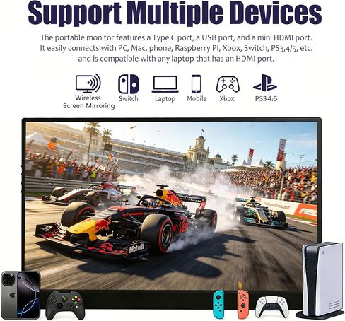 QQU 18.5" Wireless Portable Monitor for Laptop, 1200P FHD, External Display Support AirPlay Miracast, Built-in Speakers, Wireless Monitor Mirroring with Stand, 2nd Screen for Laptop MacBook PC Table in Kuwait