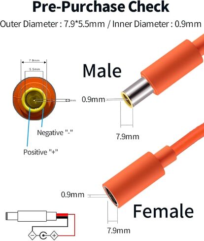 Tonton 2-Pack 16AWG DC7909 Power Pigtails Cable - 1M 3.3FT, Pure Copper, Orange - 12V DC 8mm Male Plug to Bare Wire, 7.9 x 5.5mm Barrel Connector Pigtail, Repair Cable for Solar Cell, Laptop Power in Kuwait