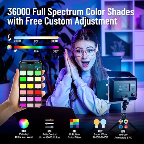 Mettlelite SL240C RGB LED Video Light with Barndoor & Mini Tripod, APP Control 360° Full Color RGB Panel, Ultra Bright 2800K-8000K, 40 Gels,10 Light Effects,Portable Studio Light for Content Creation in Kuwait