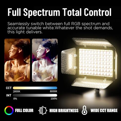 Mettlelite SL240C RGB LED Video Light with Barndoor & Mini Tripod, APP Control 360° Full Color RGB Panel, Ultra Bright 2800K-8000K, 40 Gels,10 Light Effects,Portable Studio Light for Content Creation in Kuwait