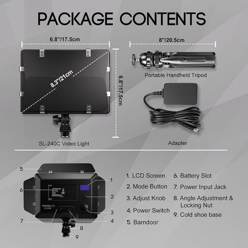 Mettlelite SL240C RGB LED Video Light with Barndoor & Mini Tripod, APP Control 360° Full Color RGB Panel, Ultra Bright 2800K-8000K, 40 Gels,10 Light Effects,Portable Studio Light for Content Creation in Kuwait