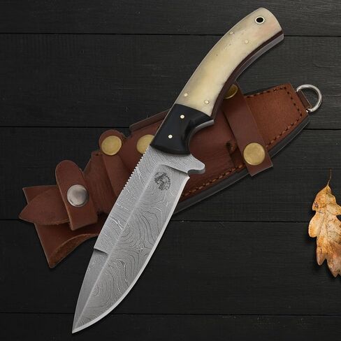 Knives Ranch Handmade Damascus Camping & Survival Knife - Full Tang Bone & Micarta Handle - Heavy Duty Bushcraft Tool with Genuine Leather Sheath (2073-B) in Saudi Arabia